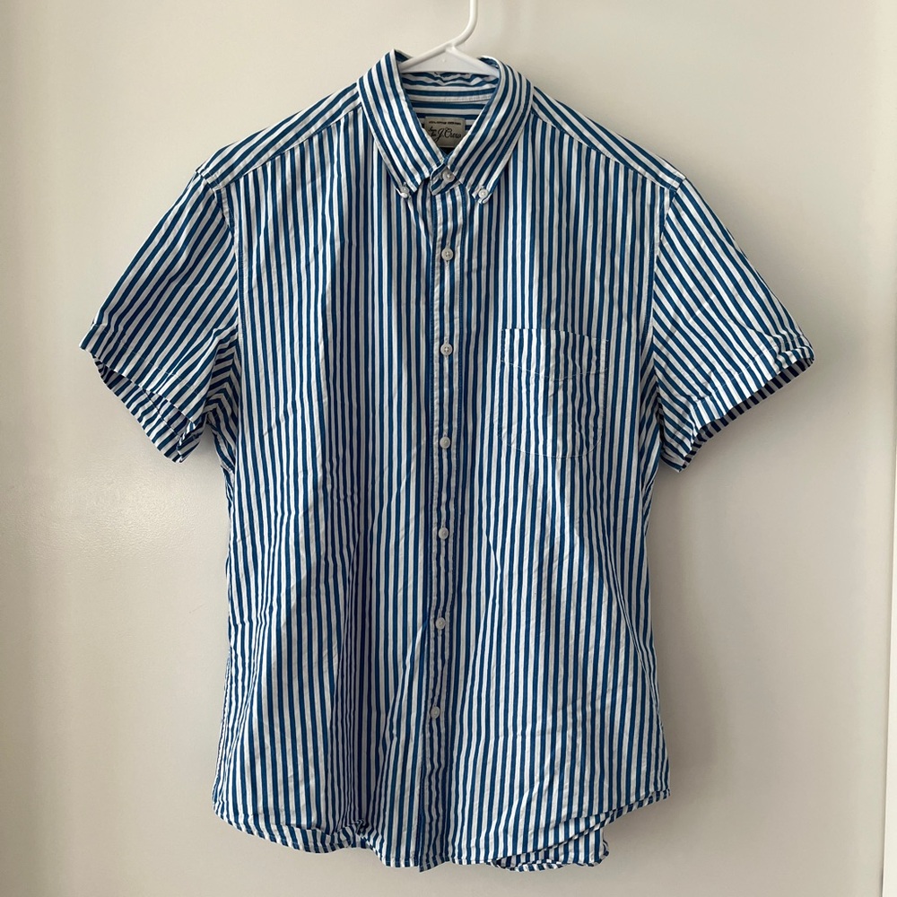 J. Crew Blue and White Striped Short-Sleeve Cotton Shirt - Picture 3 of 3